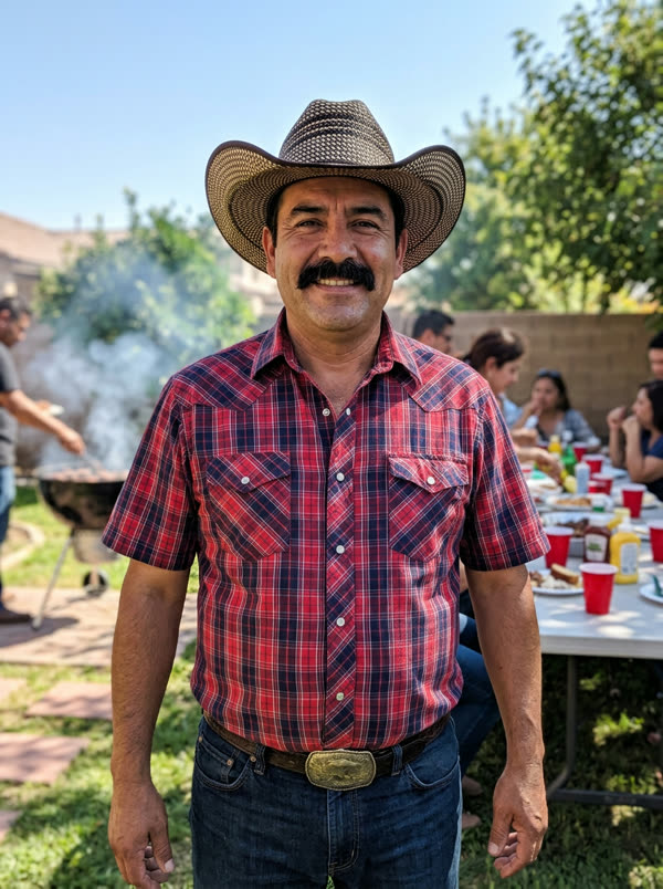 Backyard photo of a mustached man in a straw cowboy hat and red plaid shirt